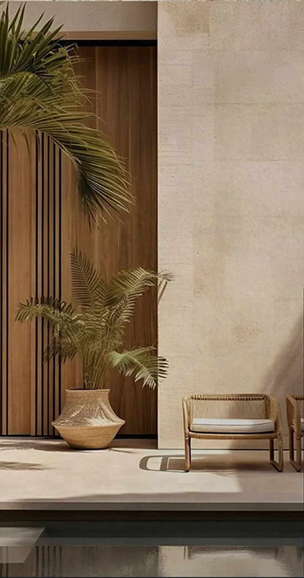 Referencia de dirección de arte: muro de piedra, celosía de madera y vegetación tropical