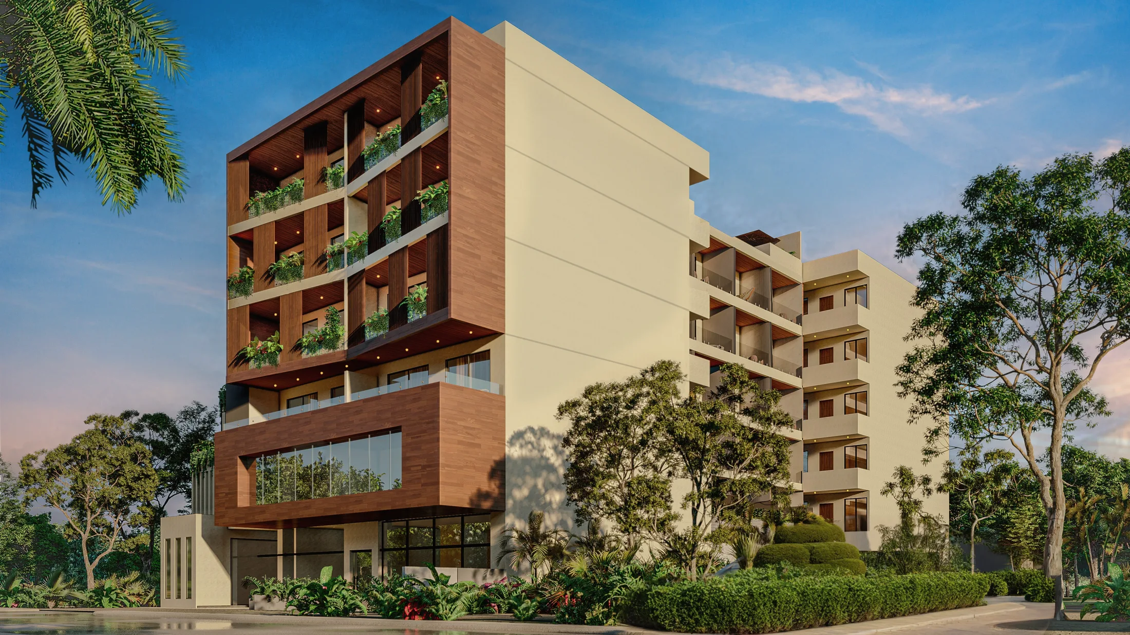 Render de la fachada de Central Condo Living al atardecer, rodeada de vegetación