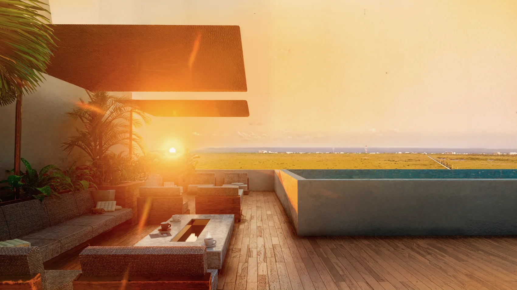 Render del rooftop de Central con alberca al atardecer
